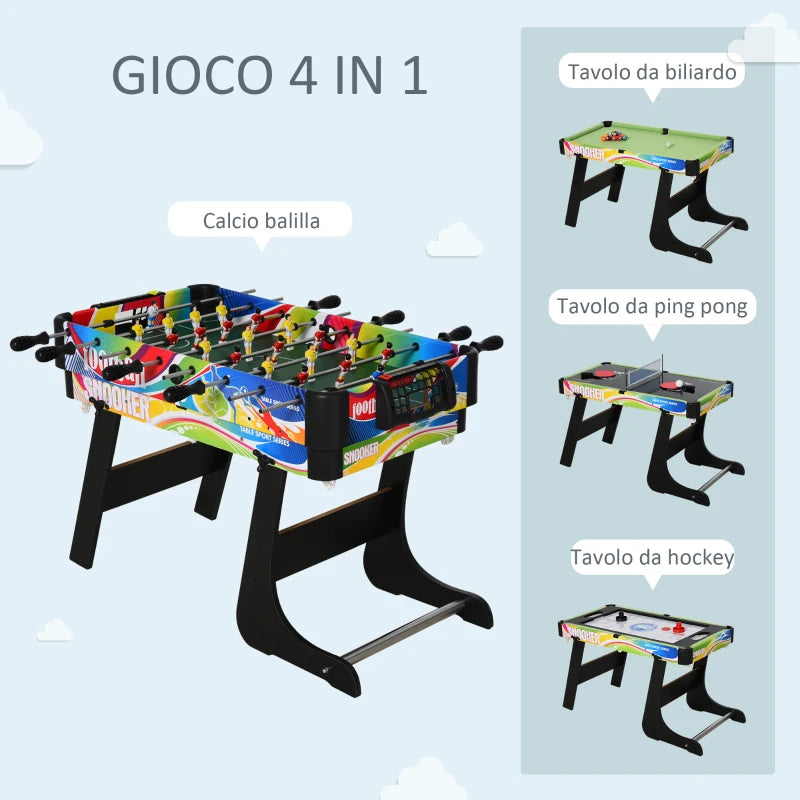 Tavolo Multigioco Pieghevole 4 in 1 con Biliardo, Calcio Balilla, Ping Pong e Air Hockey