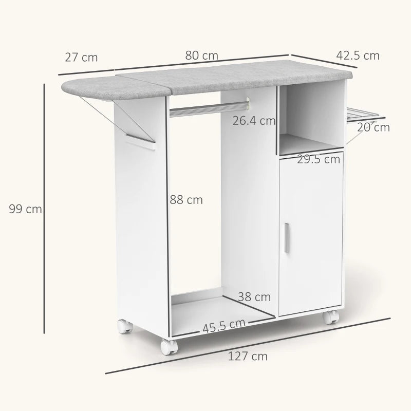 Mobile Asse da Stiro con Piano d'Appoggio, 3 Ripiani a Cubo e Guida, 127x42.5x99cm, Bianco