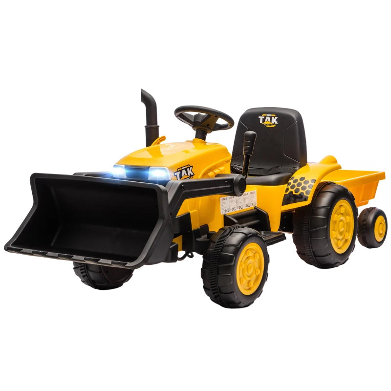 Escavatore Elettrico 12V per Bambini con Benna, Rimorchio, Telecomando e Luci LED