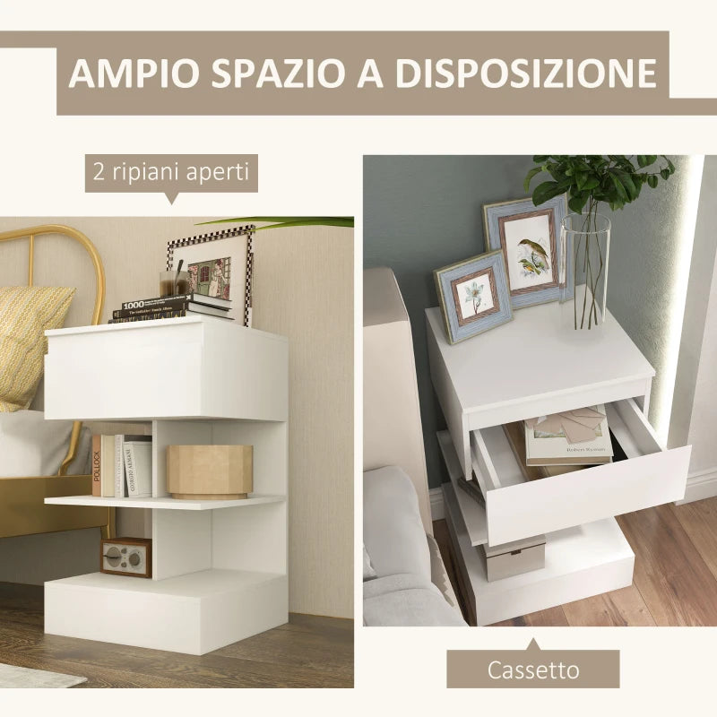 Comodino Moderno Bianco con Cassetto e 2 Ripiani