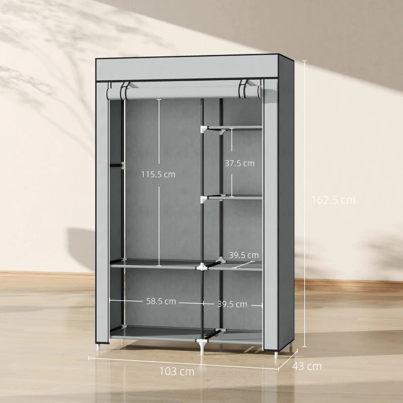 Armadio Guardaroba Portatile in Tessuto con 6 Ripiani e Barra Appendiabiti Grigio