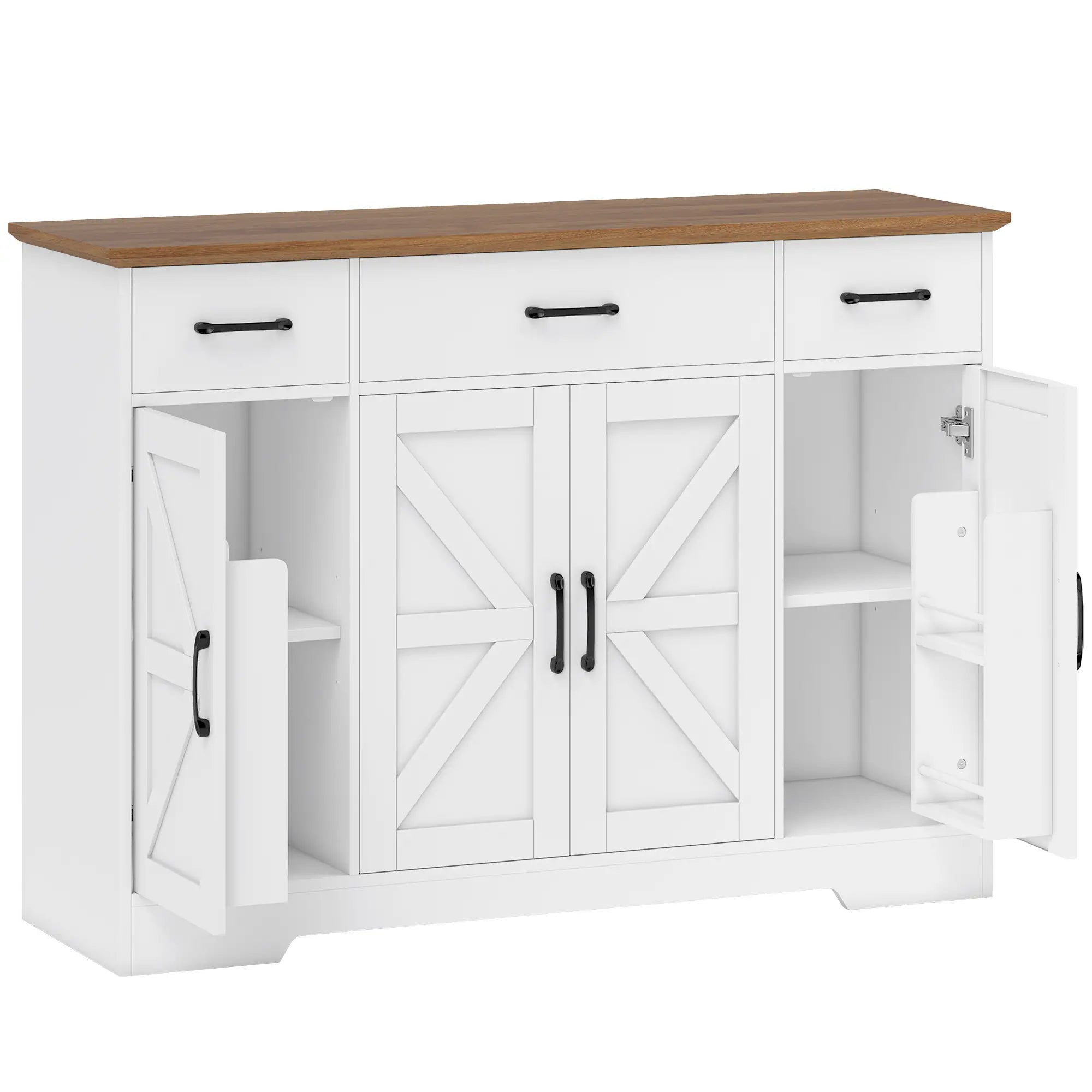 Credenza da Cucina Rustica con 3 Cassetti, Ante Soft-Close e Ripiani Regolabili Bianca