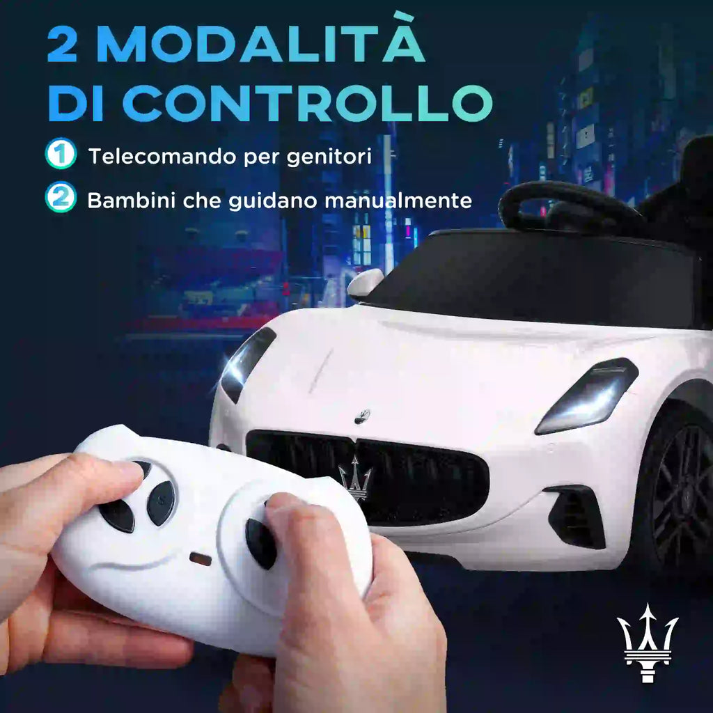 Auto Elettrica per Bambini Maserati GranTurismo Folgore 12V con Telecomando, Luci LED e Musica – Bianca
