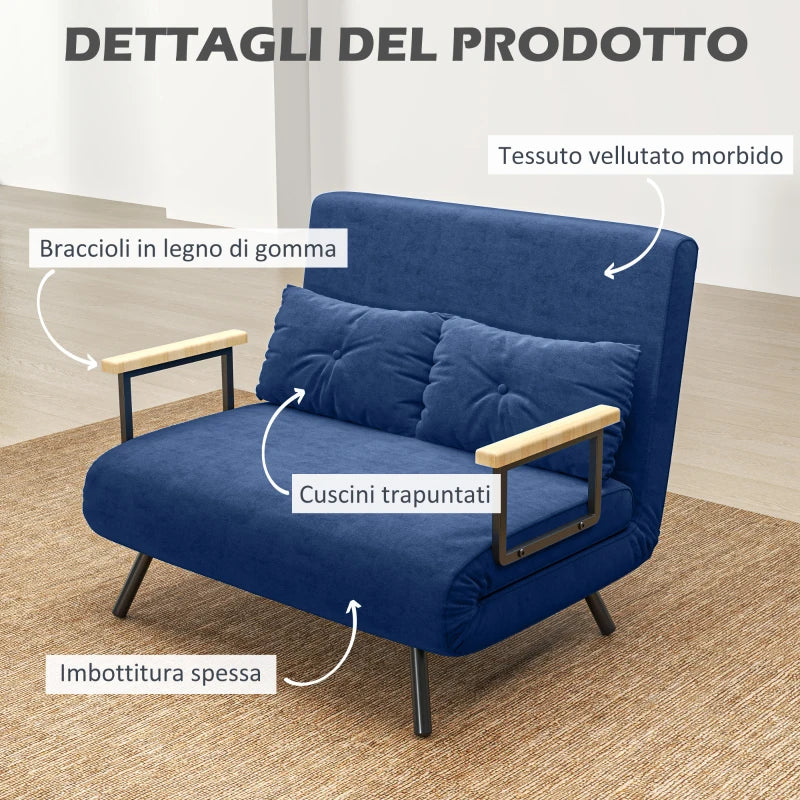 Divano Letto 3 in 1 in Tessuto Effetto Velluto con Schienale Regolabile Blu