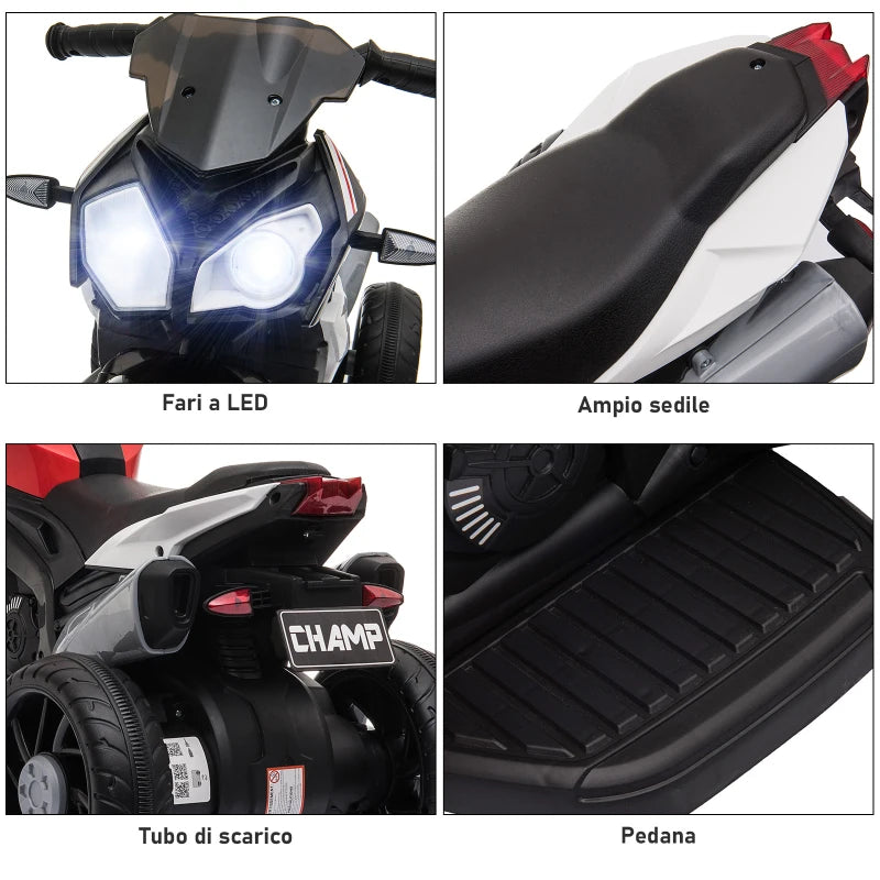 Moto Elettrica per Bambini 3-5 Anni con Fari, Musica e Batteria Rossa