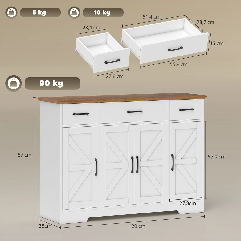 Credenza da Cucina Rustica con 3 Cassetti, Ante Soft-Close e Ripiani Regolabili Bianca