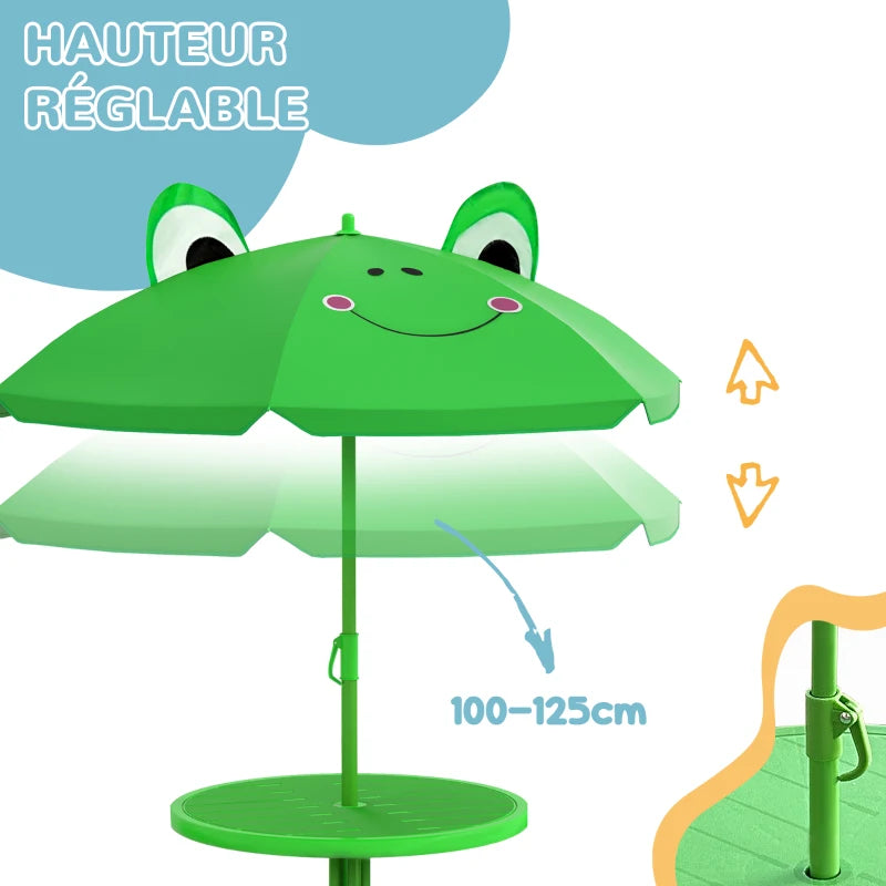 Set Tavolo da Giardino per Bambini con 2 Sedie Pieghevoli e Ombrellone Verde