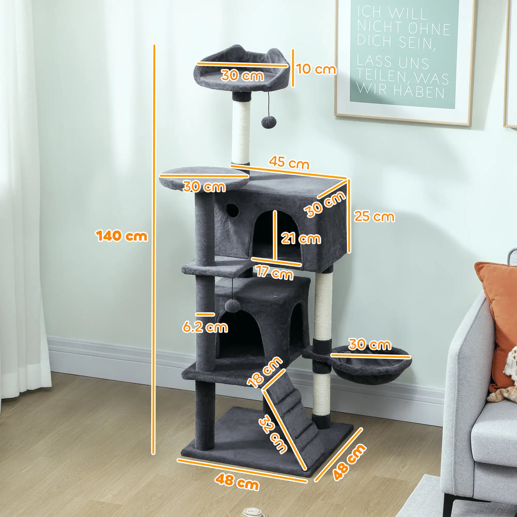 Albero Tiragraffi per Gatti con 2 Casette, Lettino, Amaca e Rivestimento in Peluche Grigio
