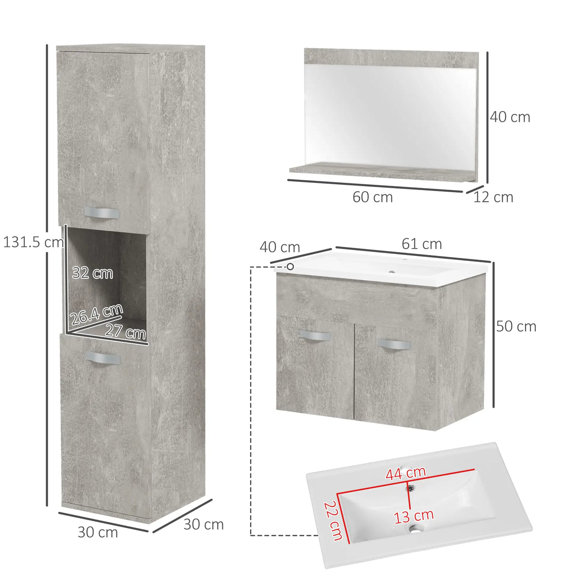 Set Mobile Bagno Grigio con Lavabo e Specchio 60 cm