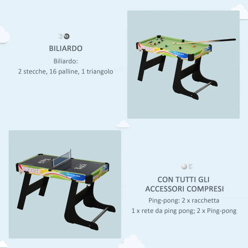Tavolo Multigioco Pieghevole 4 in 1 con Biliardo, Calcio Balilla, Ping Pong e Air Hockey