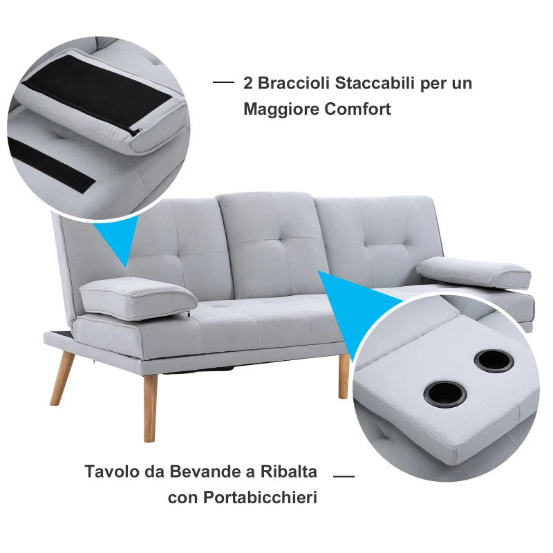 Divano Letto con Tavolino a Ribalta e Piedini in Legno Massello Grigio