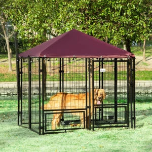 Recinto da Esterno per Cani con Copertura, Serratura e due Ciotole Girevoli