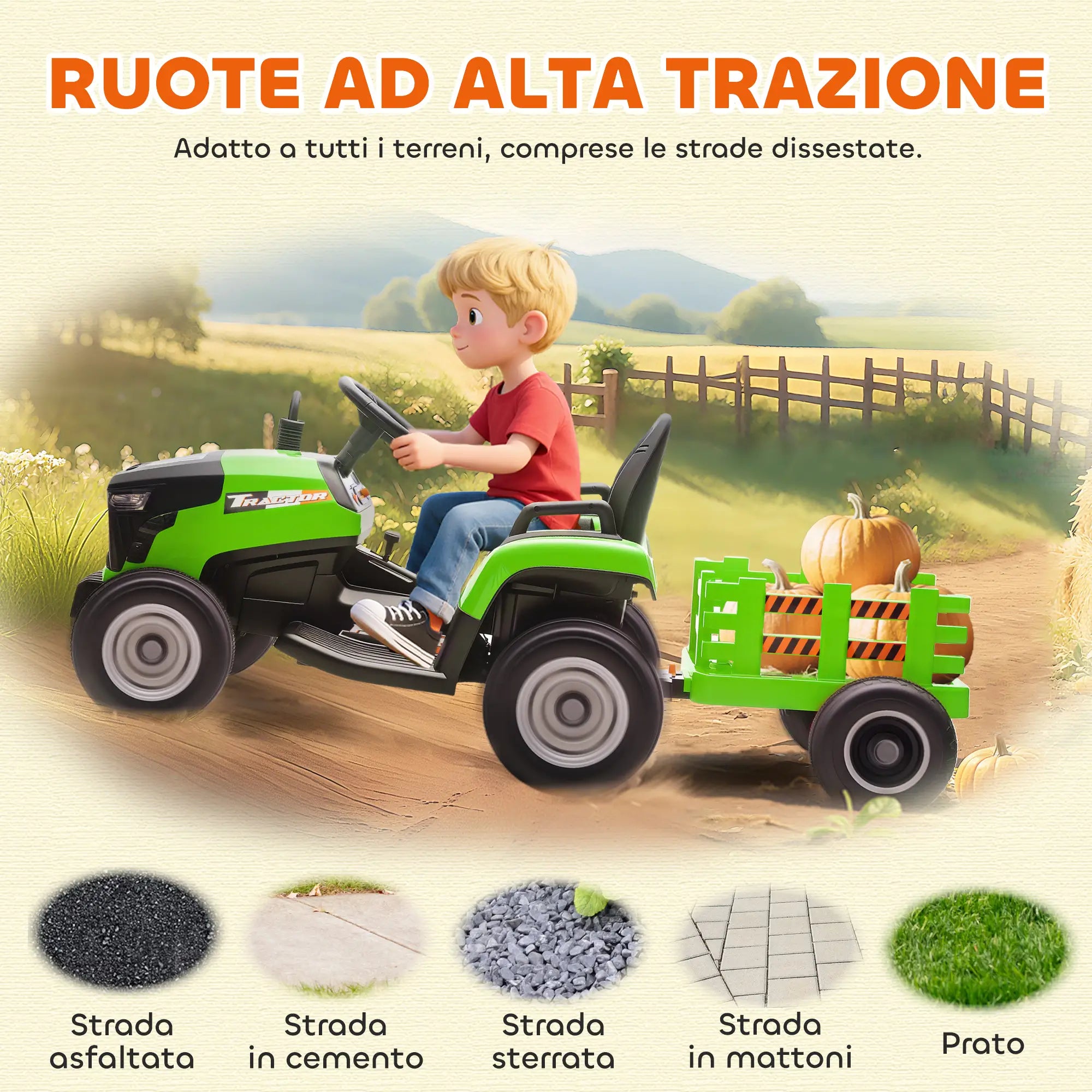 Trattore Elettrico 12V per Bambini con Rimorchio Rimovibile, Telecomando, Luci LED e Musica