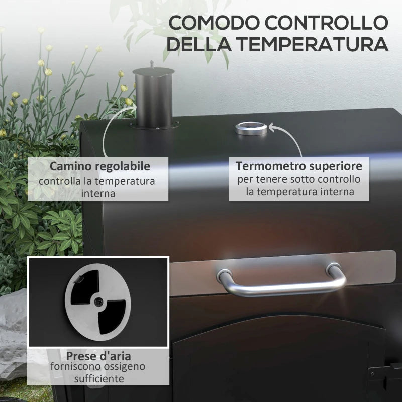Barbecue da Giardino a 2 Ruote con Griglia, Affumicatore e Fornello