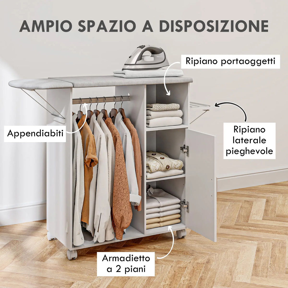 Mobile Asse da Stiro con Piano d'Appoggio, 3 Ripiani a Cubo e Guida, 127x42.5x99cm, Bianco