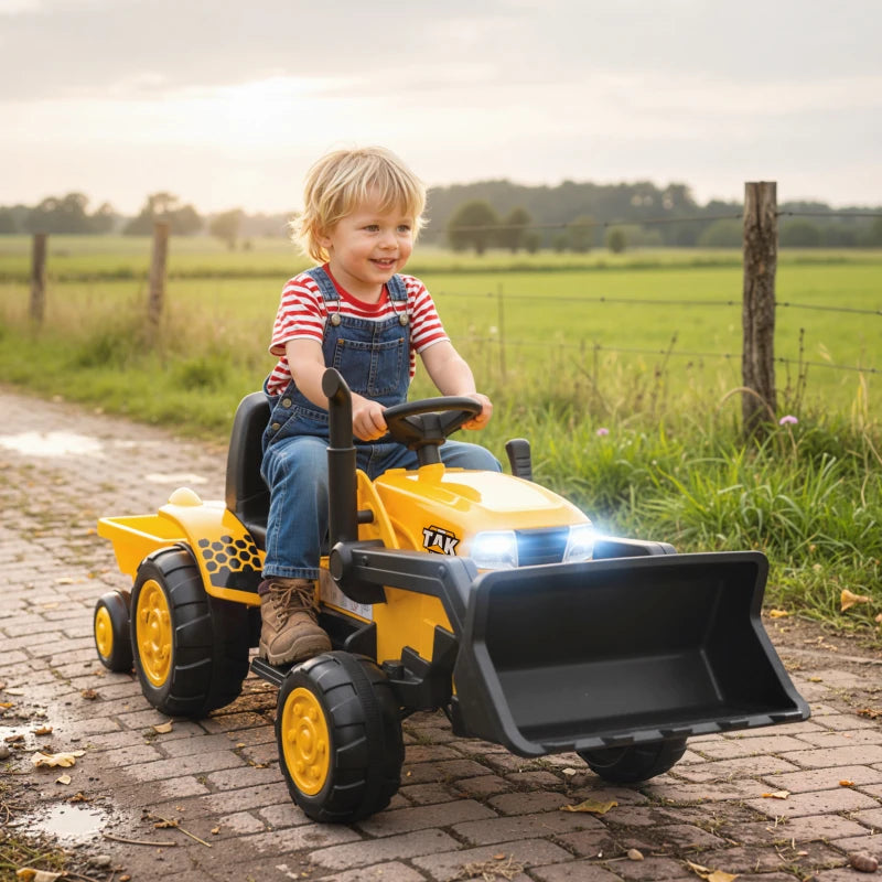 Escavatore Elettrico 12V per Bambini con Benna, Rimorchio, Telecomando e Luci LED