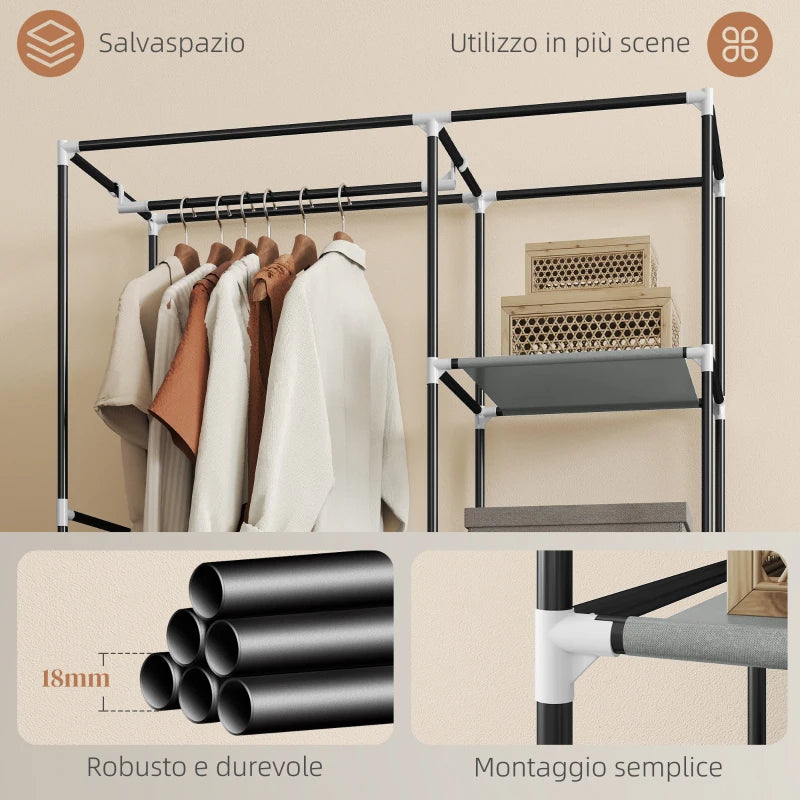 Armadio Guardaroba Portatile in Tessuto con 6 Ripiani e Barra Appendiabiti Grigio