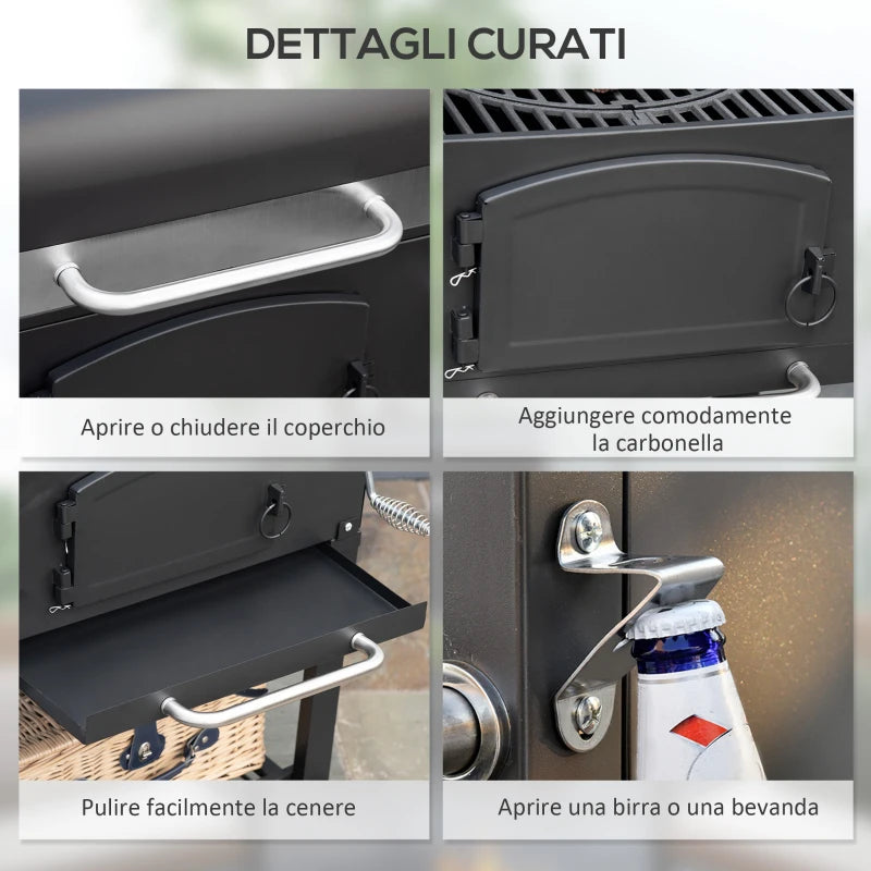 Barbecue da Giardino a 2 Ruote con Griglia, Affumicatore e Fornello