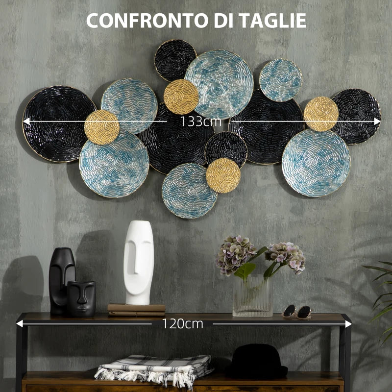 Decorazione Murale 3D in Metallo con Cerchi Blu, Nero e Oro