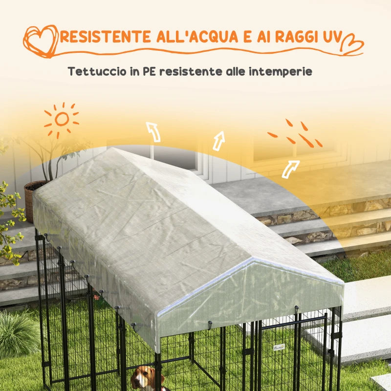 Recinto per Cani da Esterno con Tetto e Porta a 2 Sezioni in Metallo