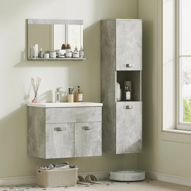 Set Mobile Bagno Grigio con Lavabo e Specchio 60 cm