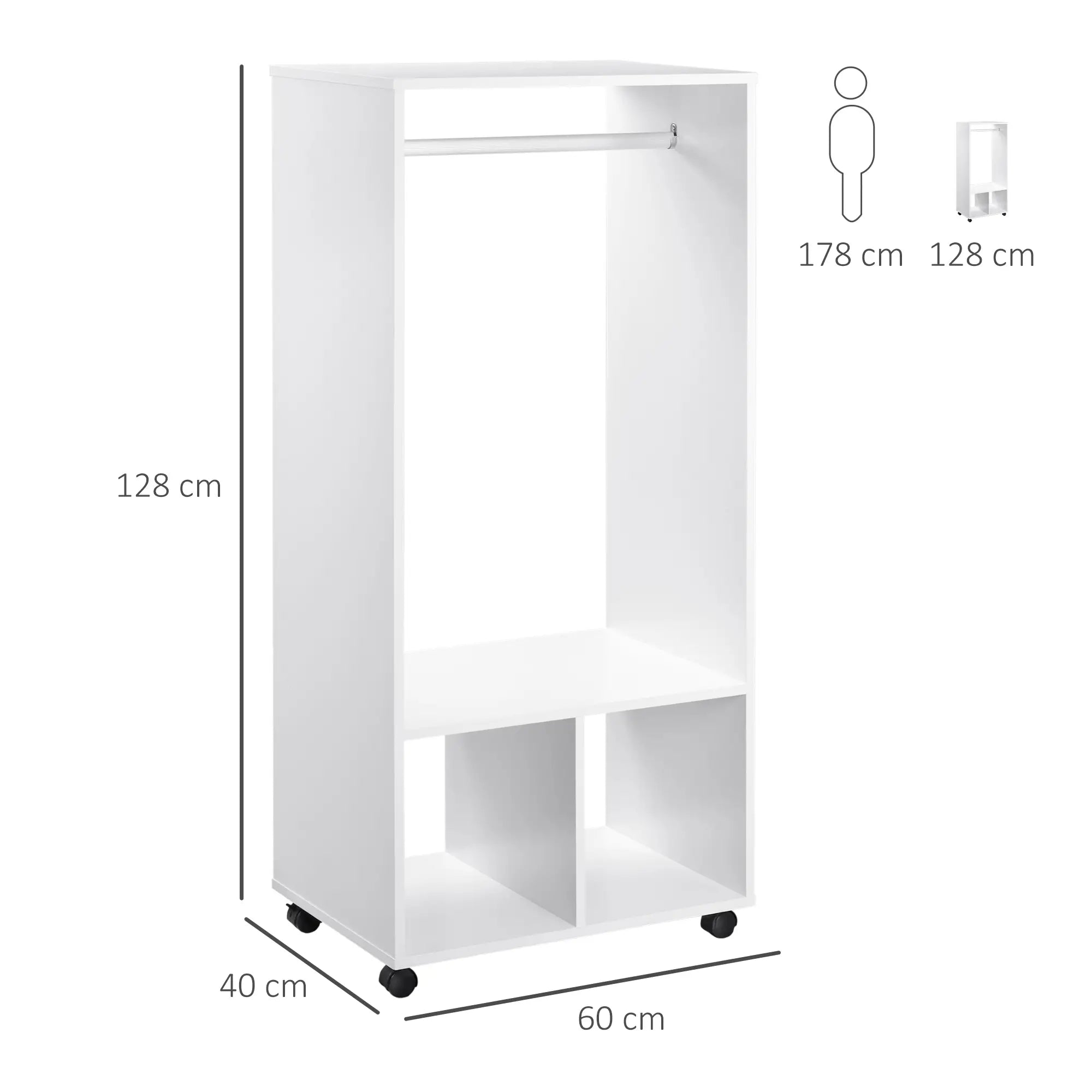 Mobile Appendiabiti con Barra in Alluminio e 2 Ripiani Aperti Bianco
