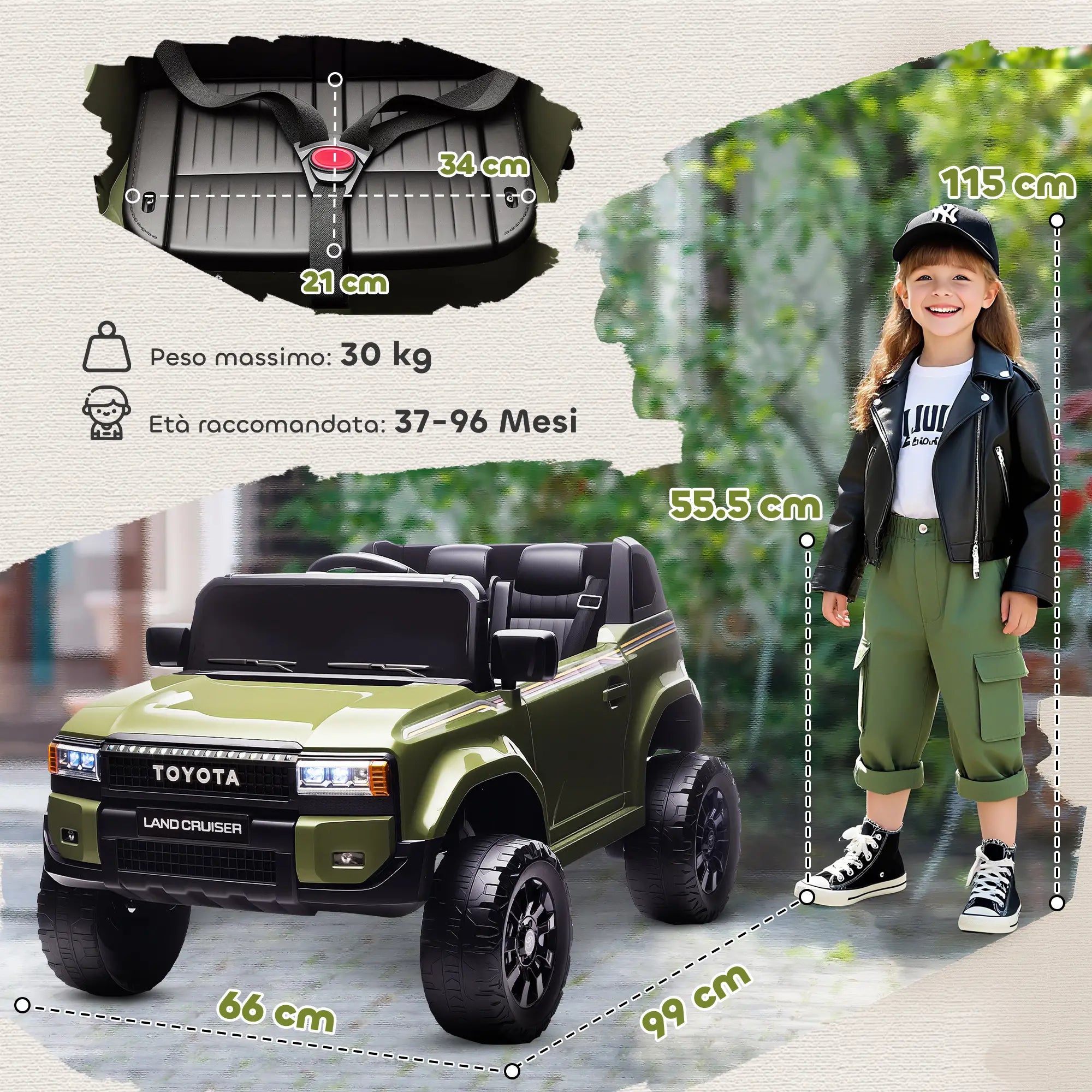 Auto Elettrica Toyota Land Cruiser 12V per Bambini con Telecomando, Luci LED e Doppio Motore