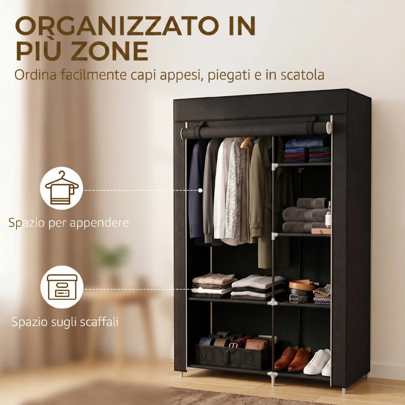 Armadio Guardaroba Portatile in Tessuto con 6 Ripiani e Barra Appendiabiti Nero