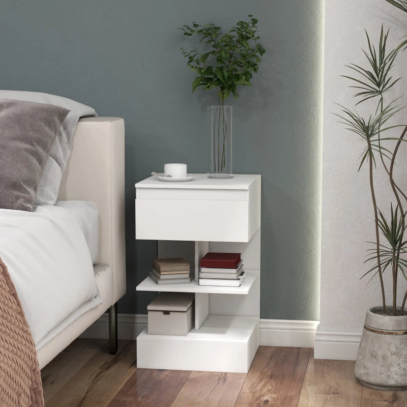 Comodino Moderno Bianco con Cassetto e 2 Ripiani