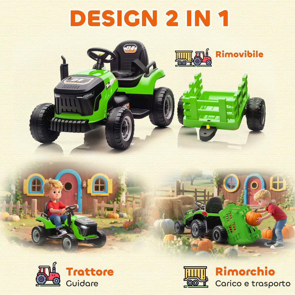 Trattore Elettrico 12V per Bambini con Rimorchio Rimovibile, Telecomando, Luci LED e Musica