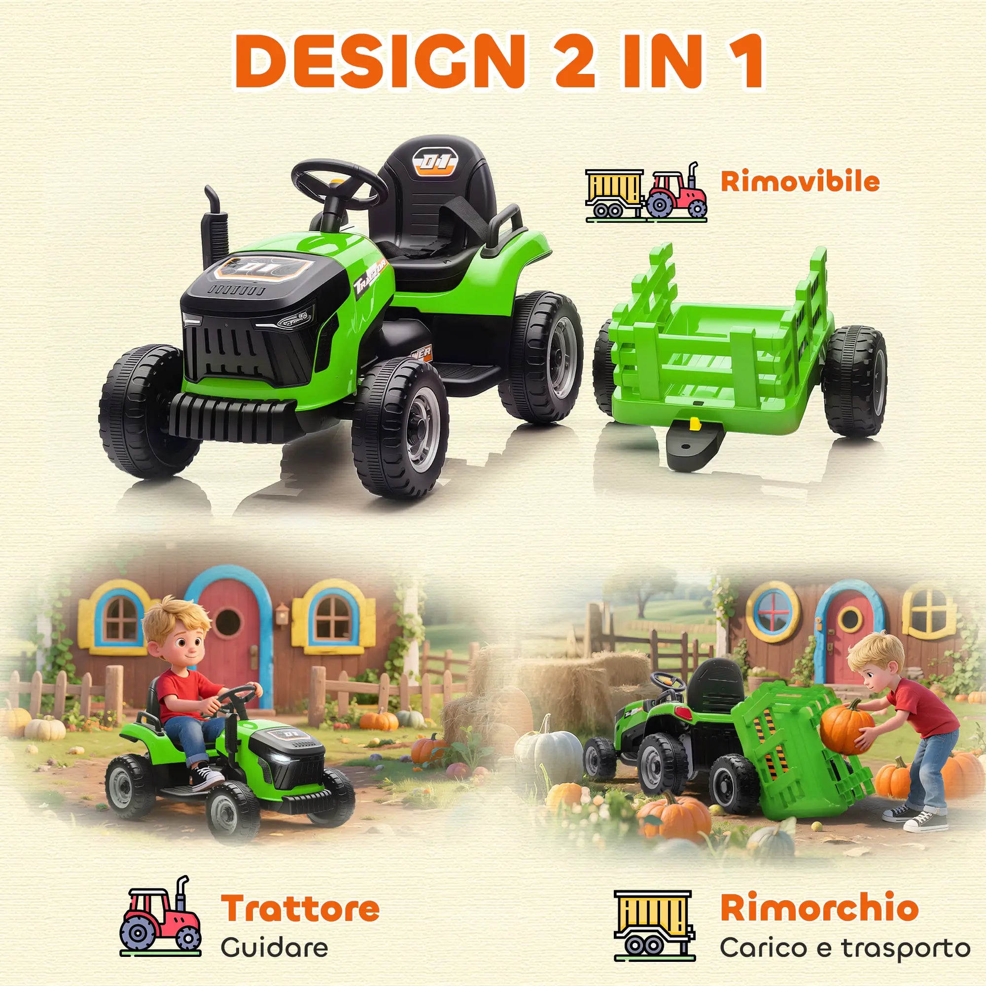 Trattore Elettrico 12V per Bambini con Rimorchio Rimovibile, Telecomando, Luci LED e Musica