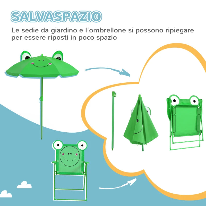 Set Tavolo da Giardino per Bambini con 2 Sedie Pieghevoli e Ombrellone Verde