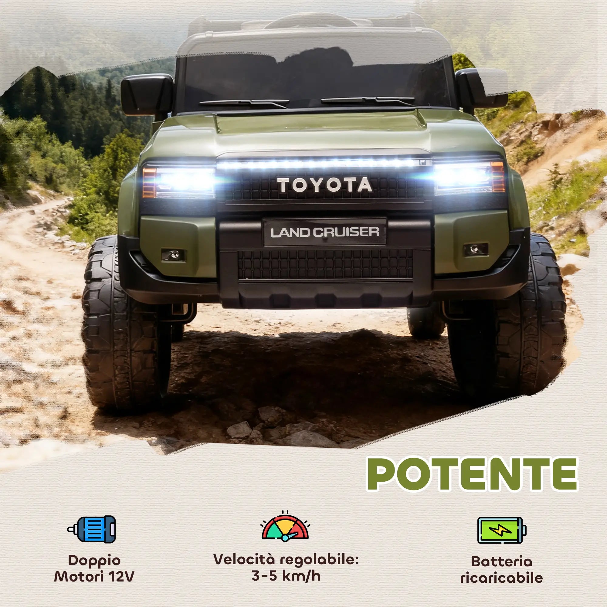 Auto Elettrica Toyota Land Cruiser 12V per Bambini con Telecomando, Luci LED e Doppio Motore