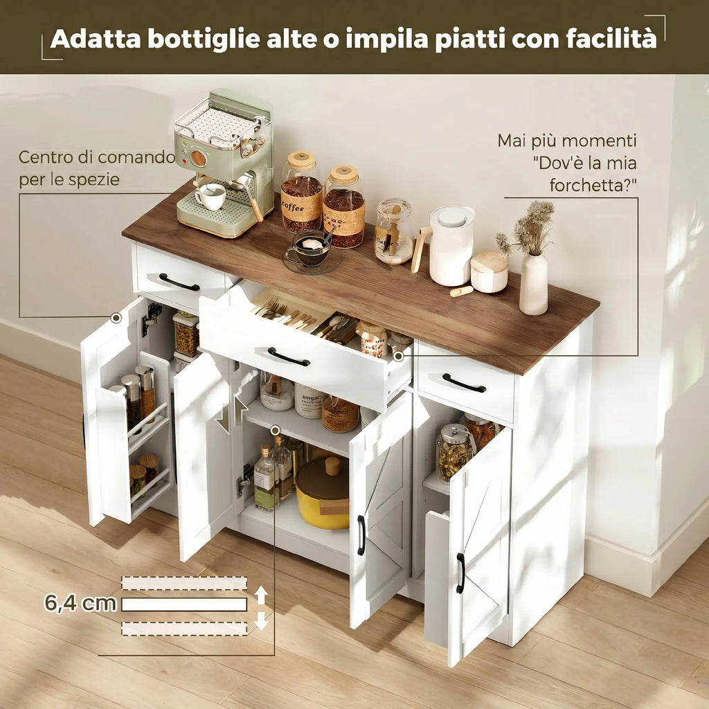 Credenza da Cucina Rustica con 3 Cassetti, Ante Soft-Close e Ripiani Regolabili Bianca