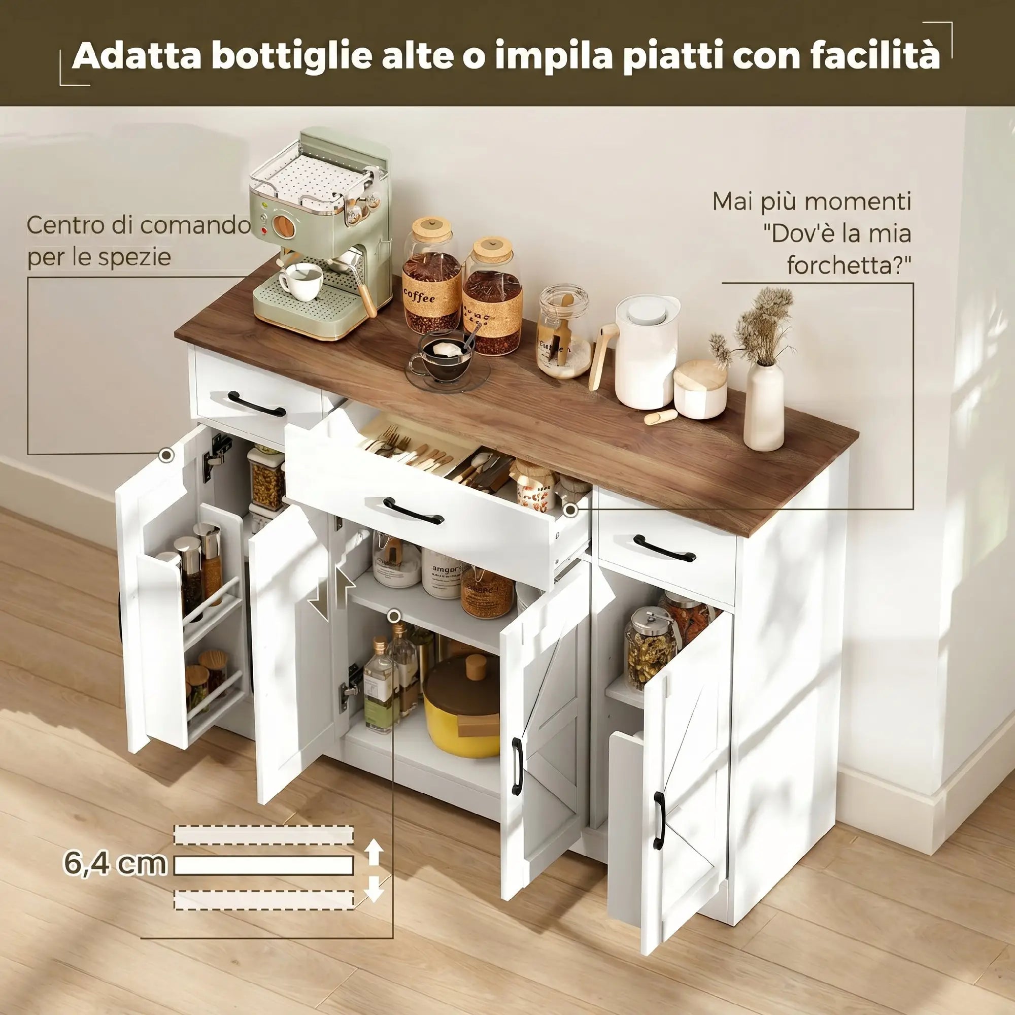 Credenza da Cucina Rustica con 3 Cassetti, Ante Soft-Close e Ripiani Regolabili Bianca