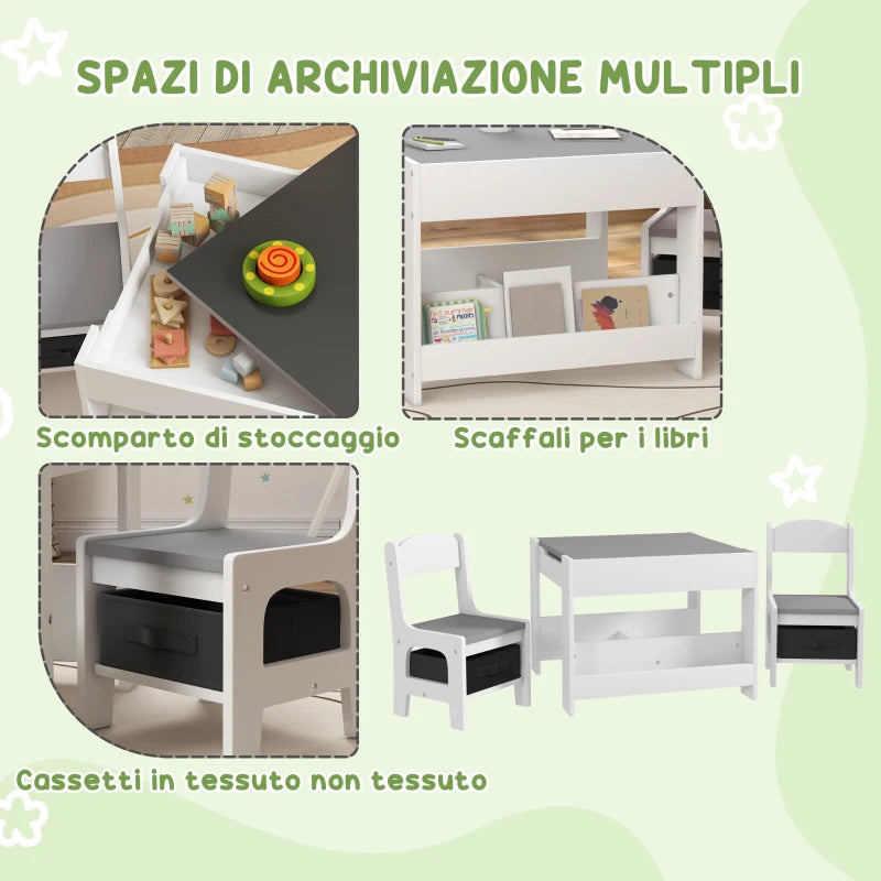 Set Tavolino per Bambini con 2 Sedie, Lavagna 2 in 1 e Contenitori