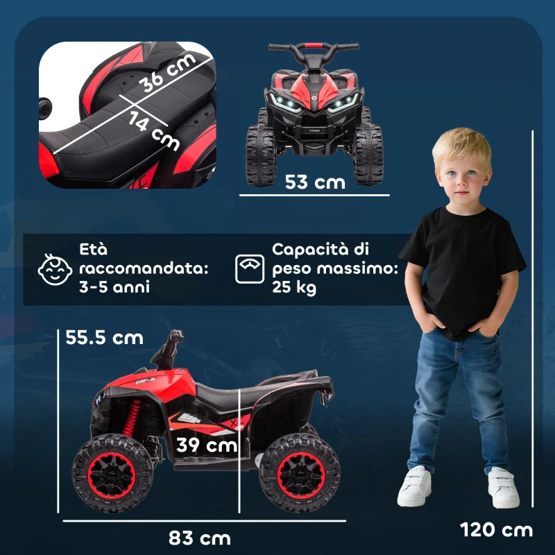 Quad Elettrico 12V per Bambini 3-5 Anni con Sospensioni e Fari LED Rosso