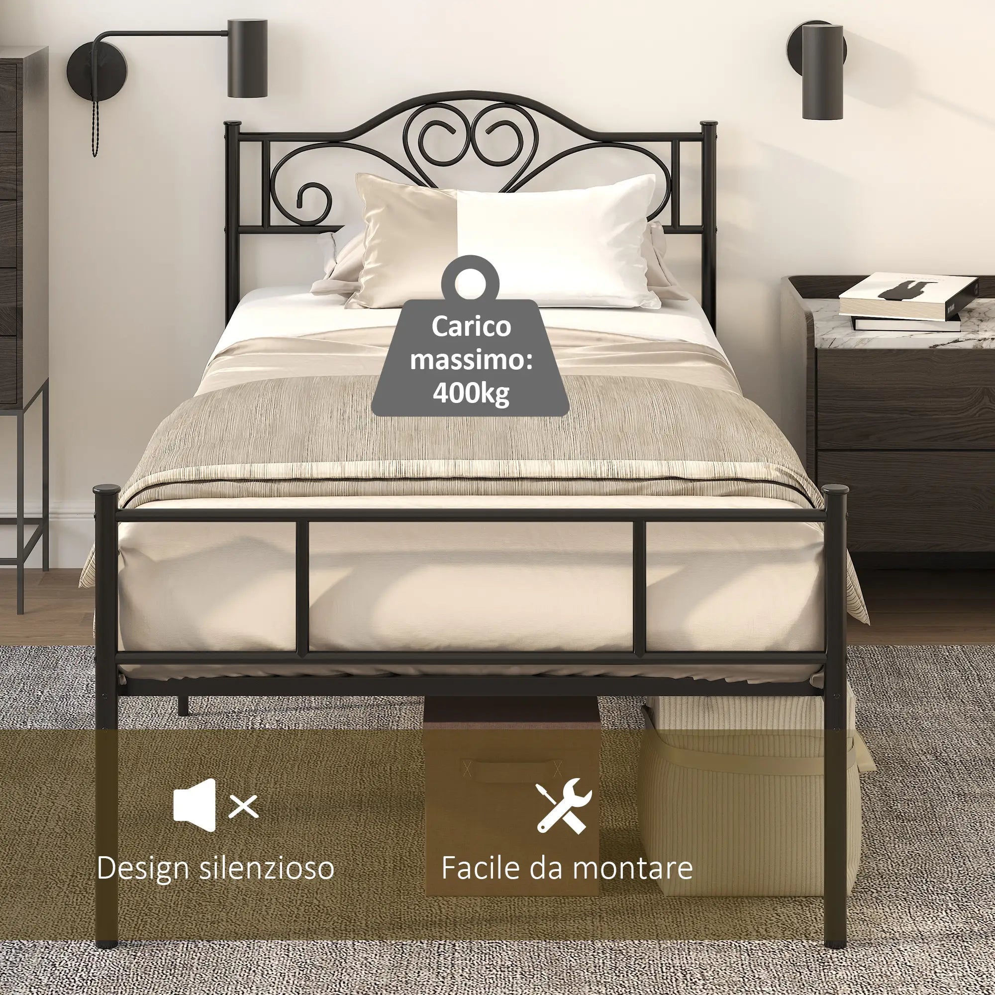 Struttura Letto Singolo 90x200 cm in Acciaio con Testiera, Pediera e Doghe Integrate