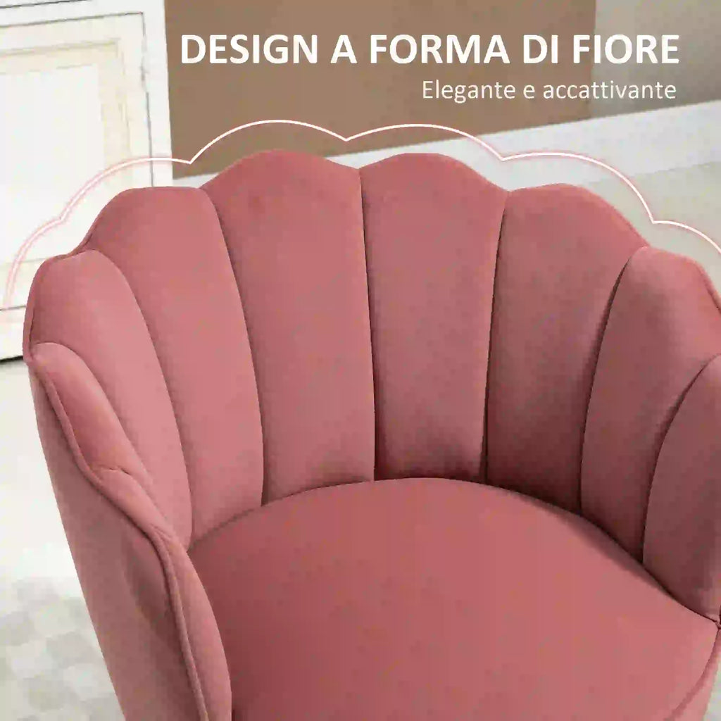 Poltrona Rosa in Velluto con Schienale a Conchiglia