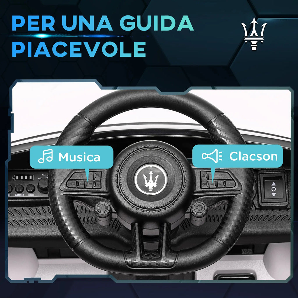 Auto Elettrica per Bambini Maserati GranTurismo Folgore 12V con Telecomando, Luci LED e Musica – Bianca