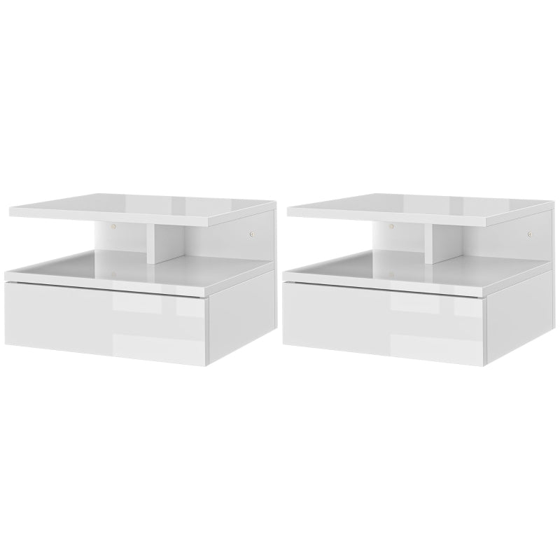 Set 2 Comodini Sospesi Bianchi con Cassetto e Mensola