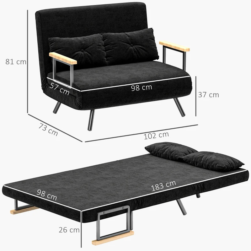 Divano Letto 3 in 1 in Tessuto Effetto Velluto con Schienale Regolabile Nero
