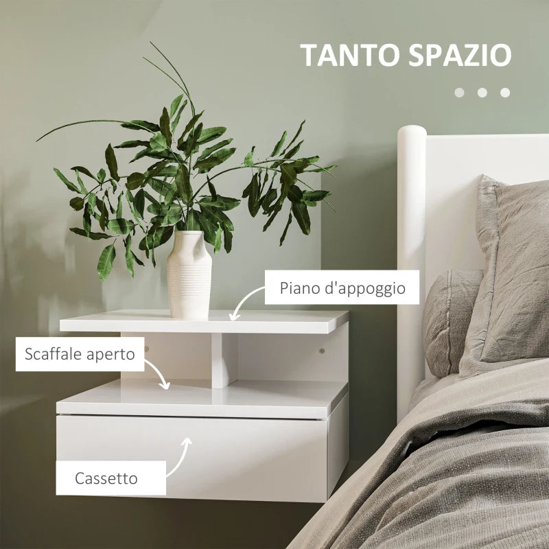 Set 2 Comodini Sospesi Bianchi con Cassetto e Mensola
