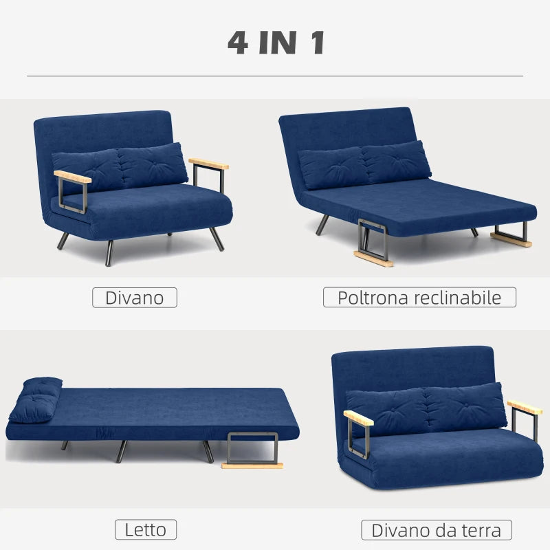 Divano Letto 3 in 1 in Tessuto Effetto Velluto con Schienale Regolabile Blu