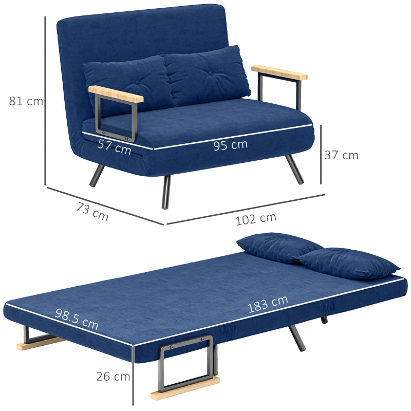 Divano Letto 3 in 1 in Tessuto Effetto Velluto con Schienale Regolabile Blu