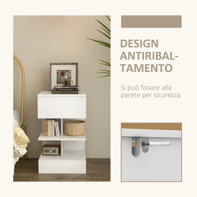 Comodino Moderno Bianco con Cassetto e 2 Ripiani