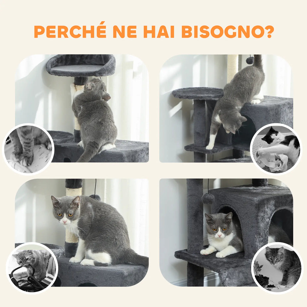 Albero Tiragraffi per Gatti con 2 Casette, Lettino, Amaca e Rivestimento in Peluche Grigio