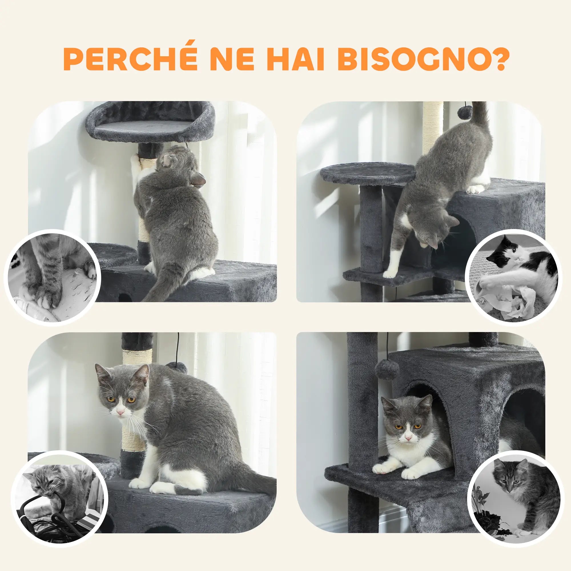 Albero Tiragraffi per Gatti con 2 Casette, Lettino, Amaca e Rivestimento in Peluche Grigio