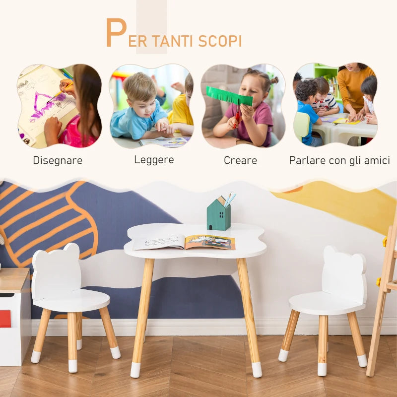Set Tavolino e 2 Sedie per Bambini a Forma di Orsetto