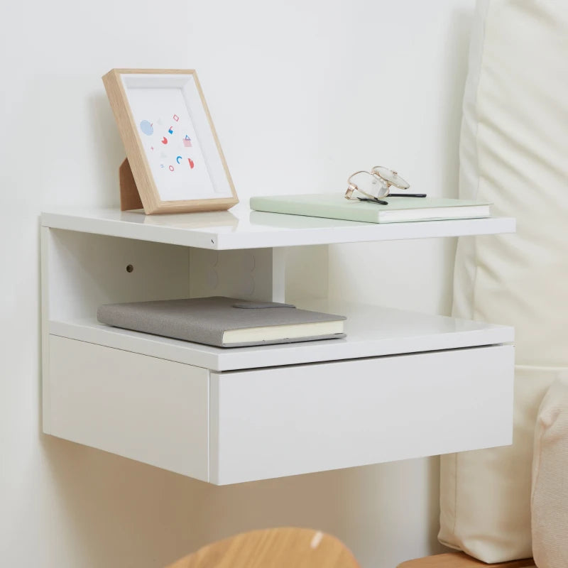 Set 2 Comodini Sospesi Bianchi con Cassetto e Mensola
